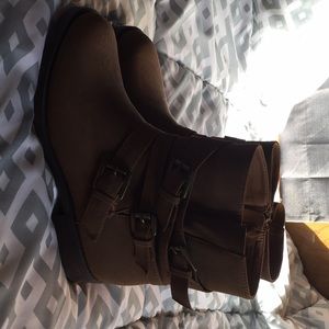Brown buckle booties